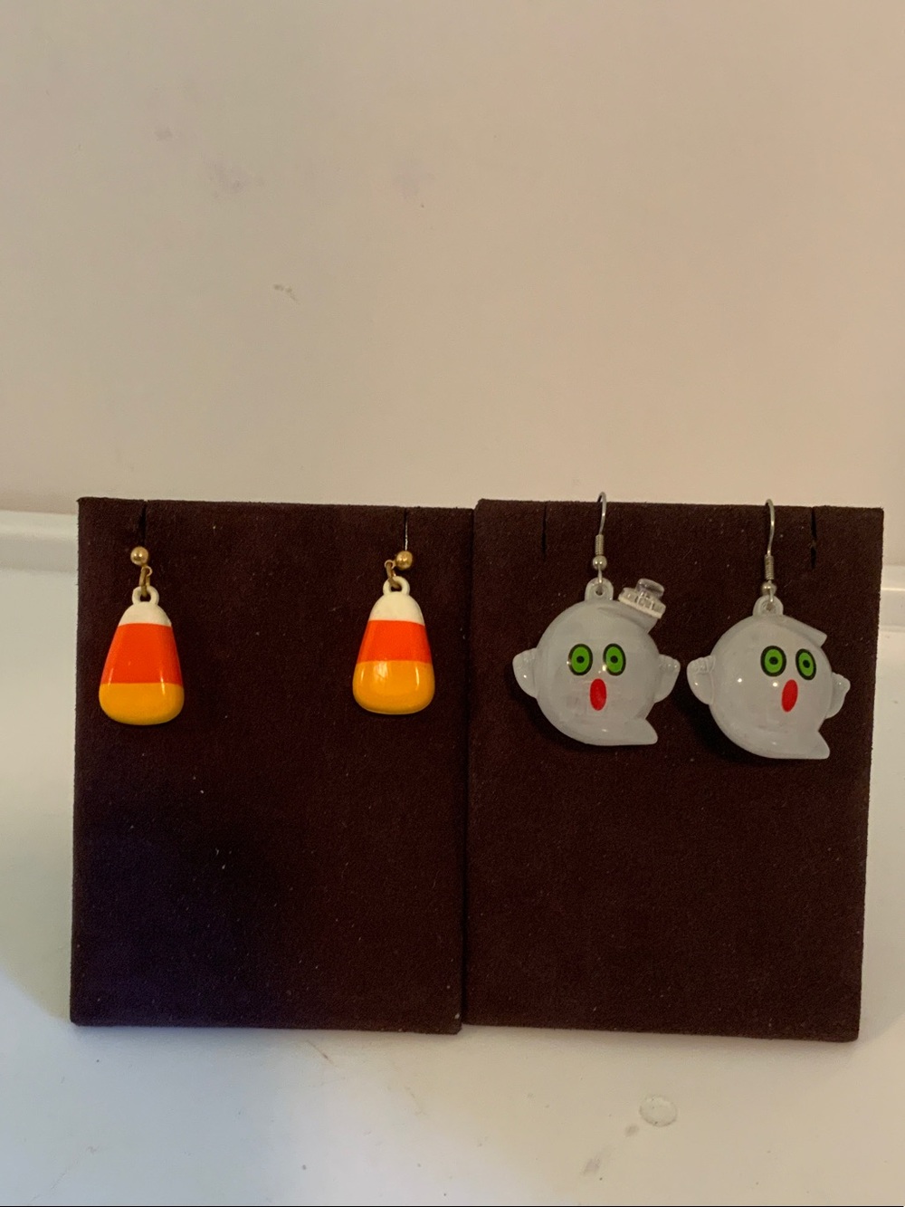 Kids Halloween Candy Corn & Ghost Dangle Earrings - Orange, Yellow, White, Gray